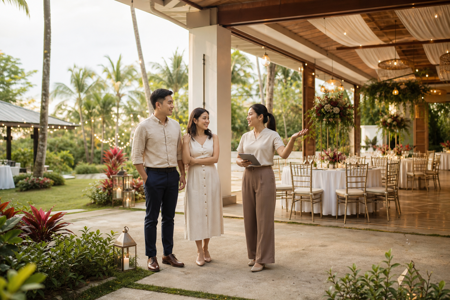 Filipino couple touring a tropical wedding venue with a coordinator